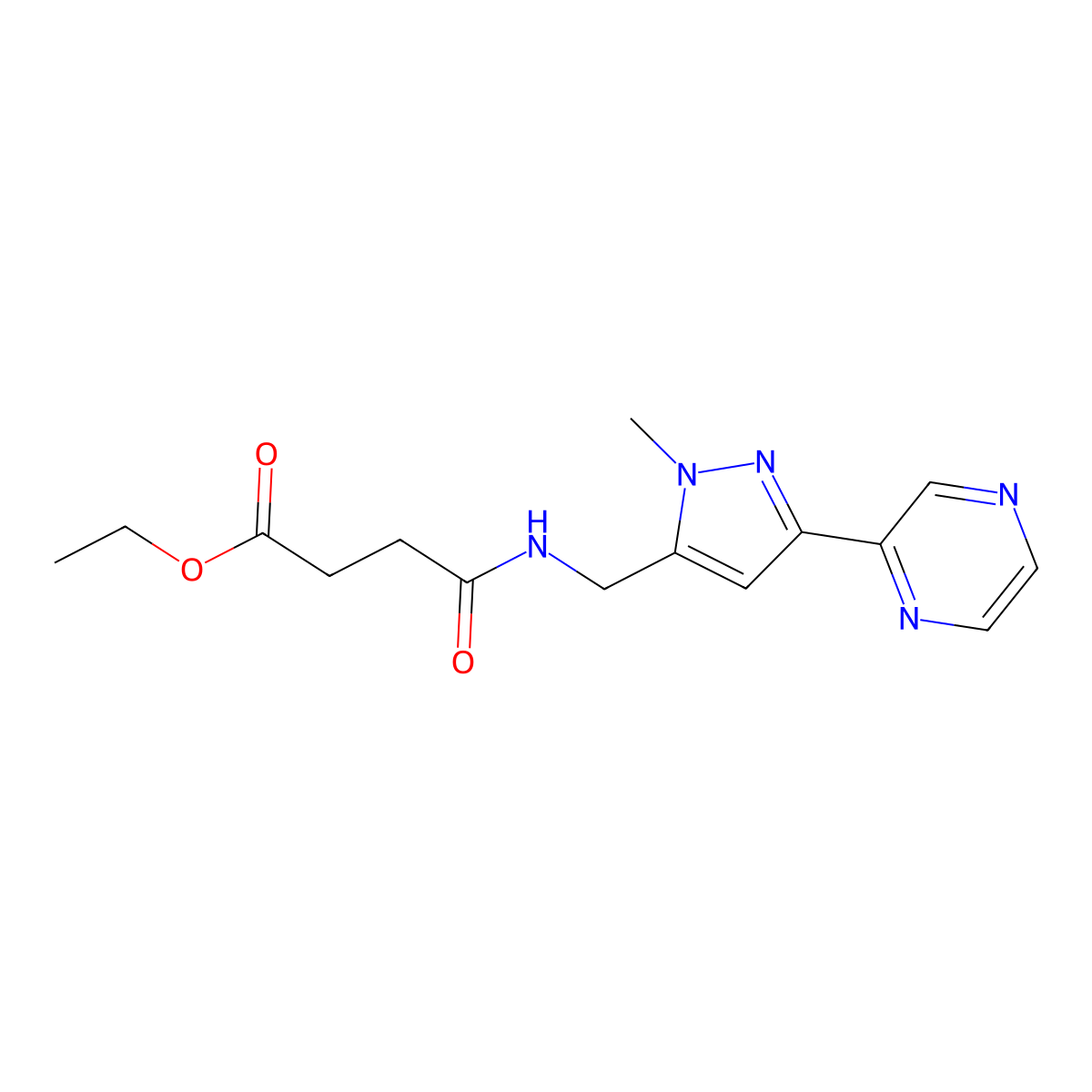 ethyl 4-(((1-methyl-3-(pyrazin-2-yl)-1H-pyrazol-5-yl)methyl)amino)-4-oxobutanoate molecular structure, CAS 2034550-61-1