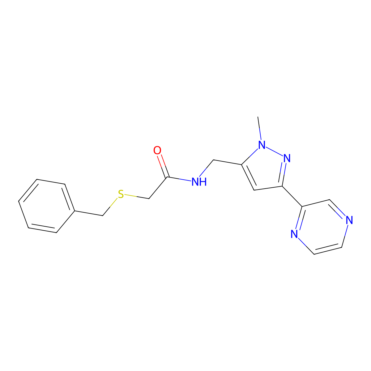 2-(benzylthio)-N-((1-methyl-3-(pyrazin-2-yl)-1H-pyrazol-5-yl)methyl)acetamide molecular structure, CAS 2034550-66-6