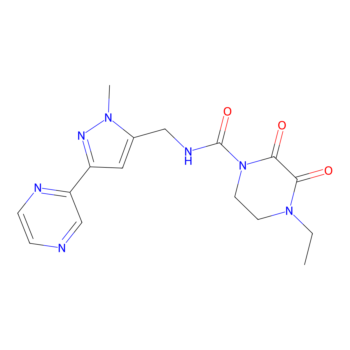 4-ethyl-N-{[1-methyl-3-(pyrazin-2-yl)-1H-pyrazol-5-yl]methyl}-2,3-dioxopiperazine-1-carboxamide molecular structure, CAS 2034550-71-3
