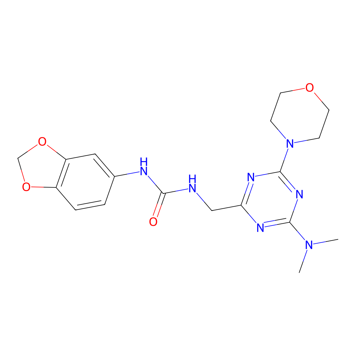 1-(Benzo[d][1,3]dioxol-5-yl)-3-((4-(dimethylamino)-6-morpholino-1,3,5-triazin-2-yl)methyl)urea molecular structure, CAS 2034550-74-6