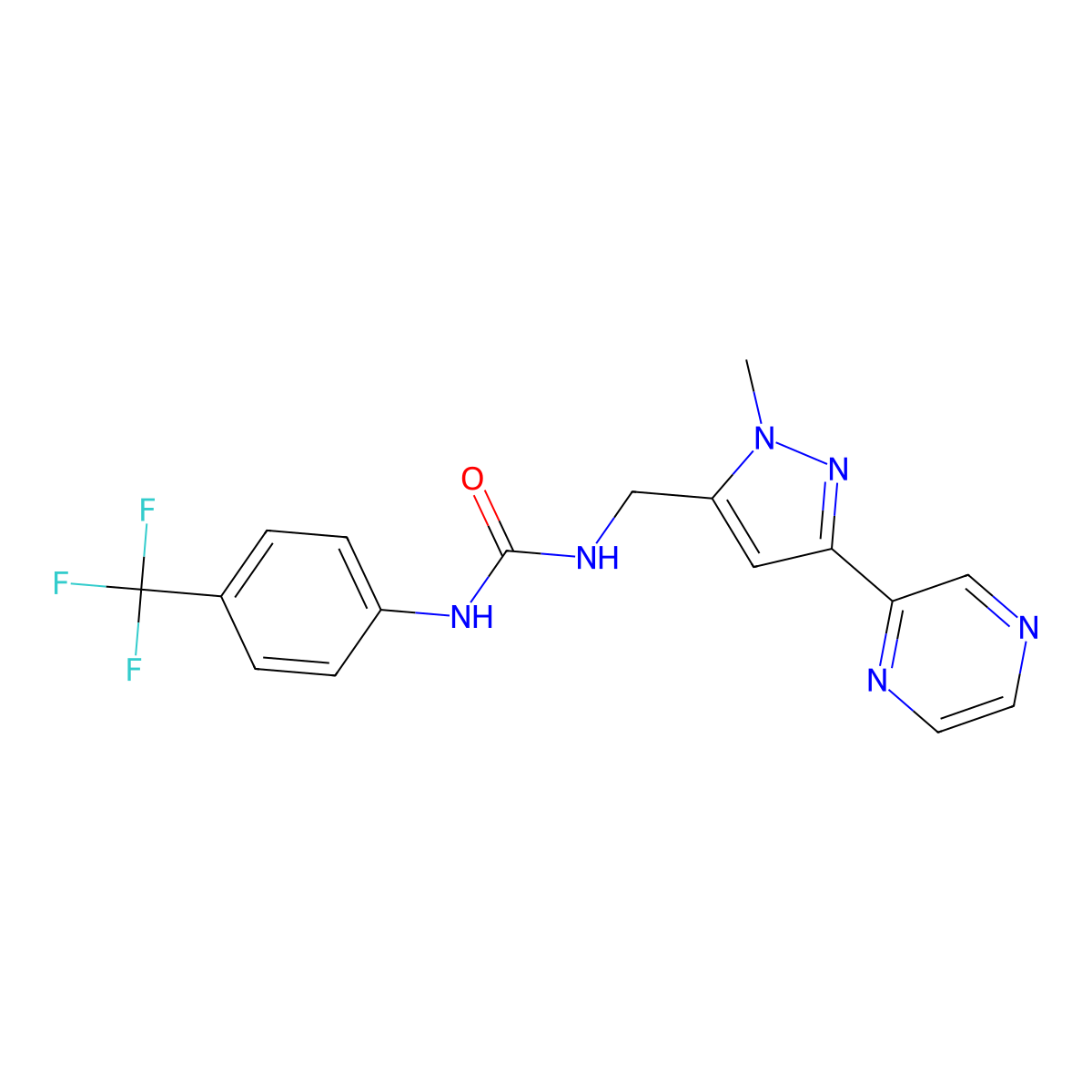 1-((1-methyl-3-(pyrazin-2-yl)-1H-pyrazol-5-yl)methyl)-3-(4-(trifluoromethyl)phenyl)urea molecular structure, CAS 2034550-79-1