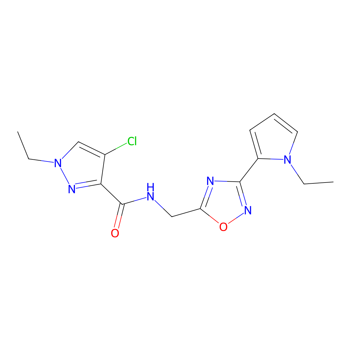 4-chloro-1-ethyl-N-((3-(1-ethyl-1H-pyrrol-2-yl)-1,2,4-oxadiazol-5-yl)methyl)-1H-pyrazole-3-carboxamide molecular structure, CAS 2034550-86-0