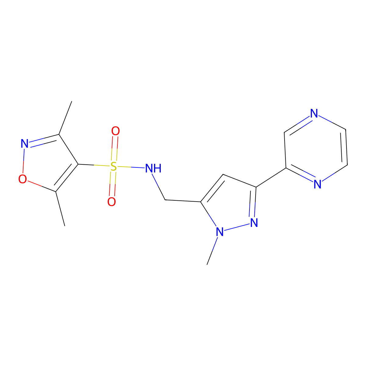 3,5-dimethyl-N-((1-methyl-3-(pyrazin-2-yl)-1H-pyrazol-5-yl)methyl)isoxazole-4-sulfonamide molecular structure, CAS 2034550-94-0