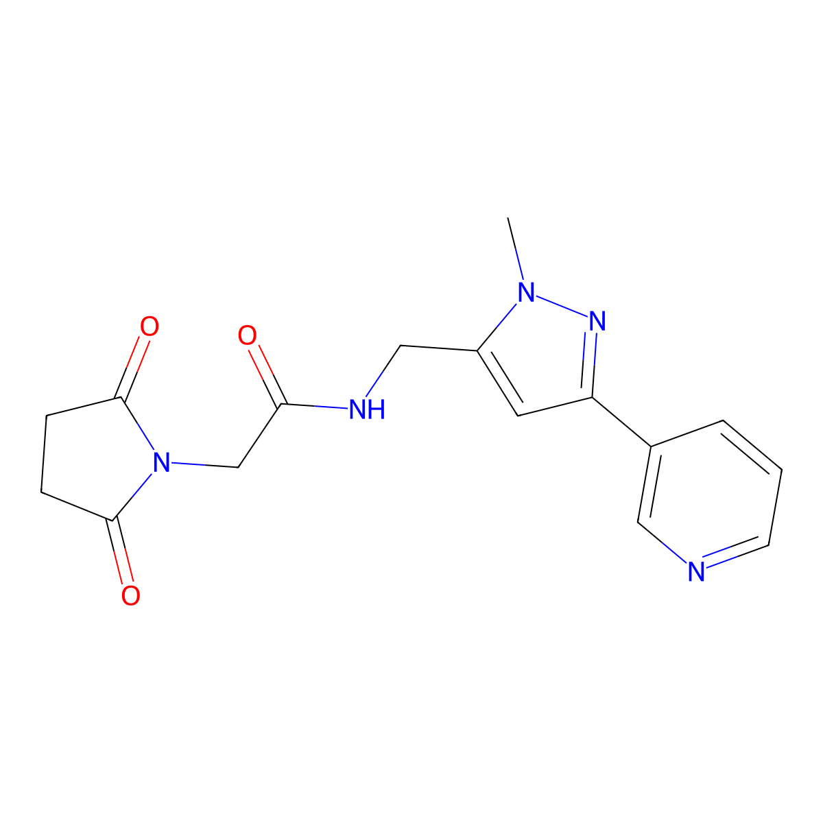 2-(2,5-dioxopyrrolidin-1-yl)-N-{[1-methyl-3-(pyridin-3-yl)-1H-pyrazol-5-yl]methyl}acetamide molecular structure, CAS 2034551-06-7