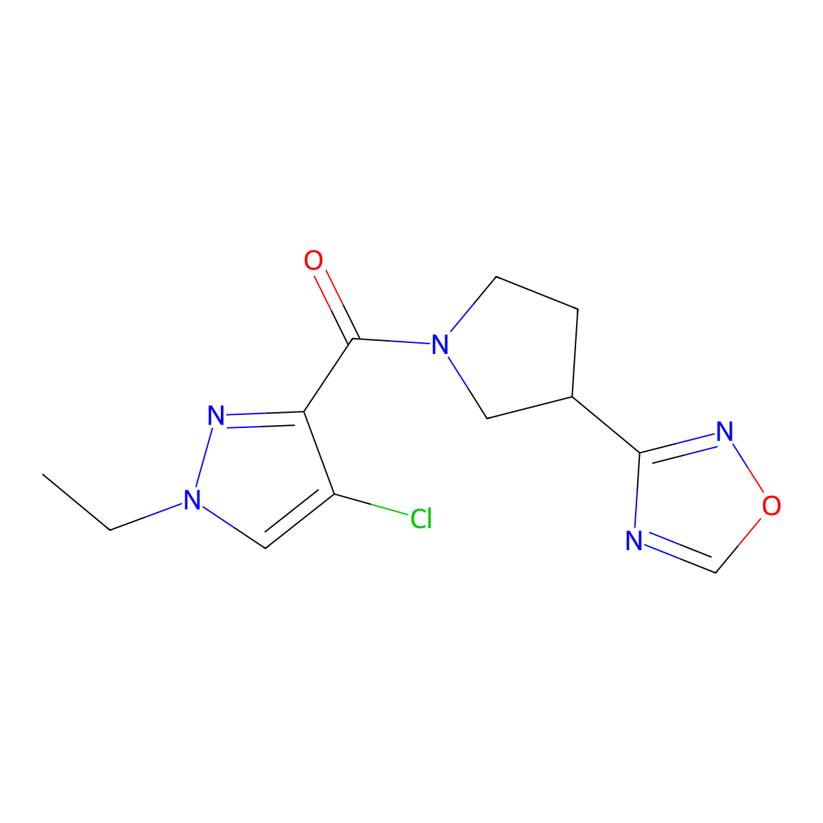 (3-(1,2,4-oxadiazol-3-yl)pyrrolidin-1-yl)(4-chloro-1-ethyl-1H-pyrazol-3-yl)methanone molecular structure, CAS 2034551-33-0