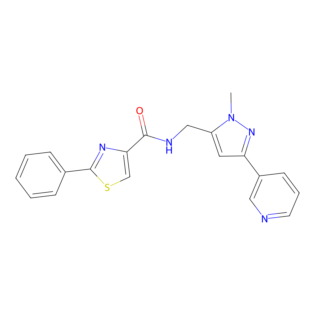 N-((1-methyl-3-(pyridin-3-yl)-1H-pyrazol-5-yl)methyl)-2-phenylthiazole-4-carboxamide molecular structure, CAS 2034551-34-1