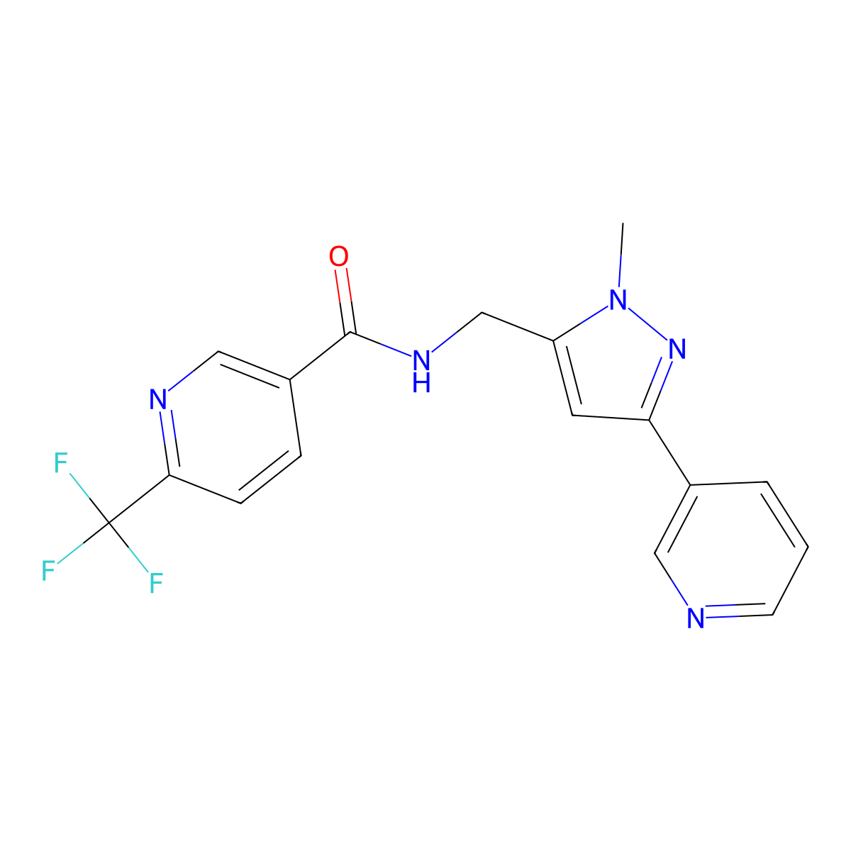 N-((1-methyl-3-(pyridin-3-yl)-1H-pyrazol-5-yl)methyl)-6-(trifluoromethyl)nicotinamide molecular structure, CAS 2034551-38-5