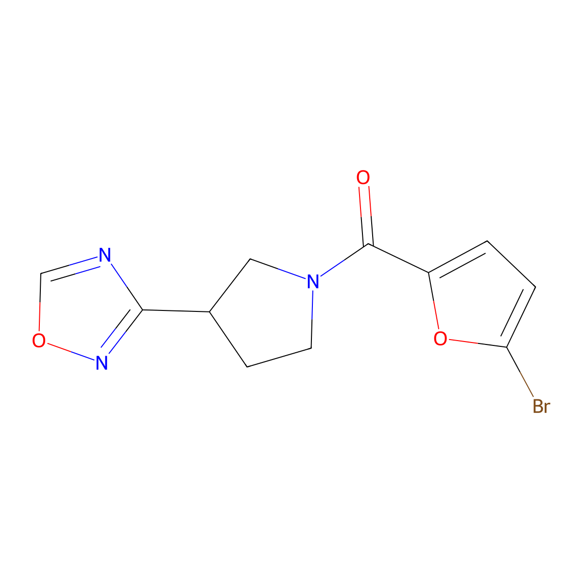 (3-(1,2,4-Oxadiazol-3-yl)pyrrolidin-1-yl)(5-bromofuran-2-yl)methanone molecular structure, CAS 2034551-41-0