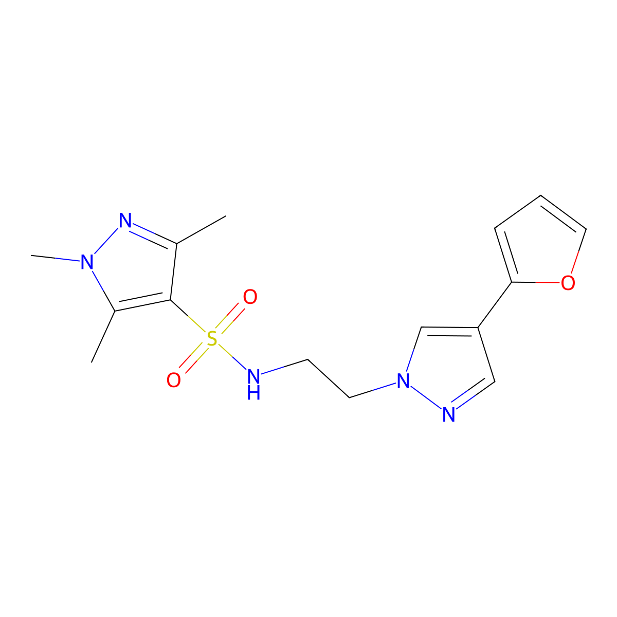 N-{2-[4-(furan-2-yl)-1H-pyrazol-1-yl]ethyl}-1,3,5-trimethyl-1H-pyrazole-4-sulfonamide molecular structure, CAS 2034551-91-0