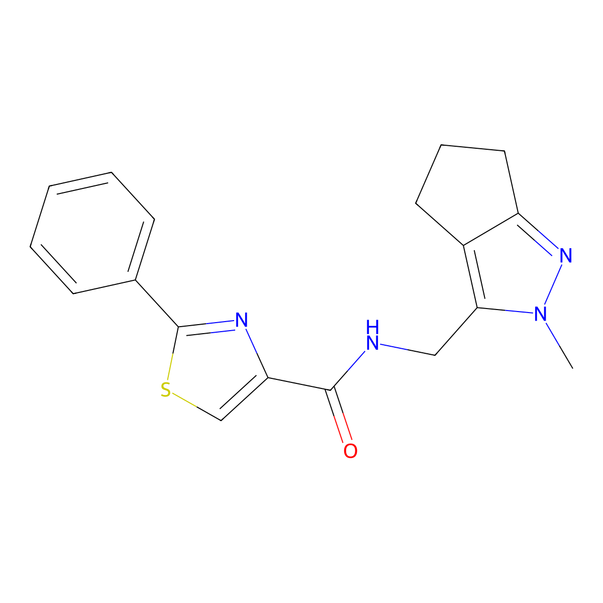 N-((2-methyl-2,4,5,6-tetrahydrocyclopenta[c]pyrazol-3-yl)methyl)-2-phenylthiazole-4-carboxamide molecular structure, CAS 2034551-96-5