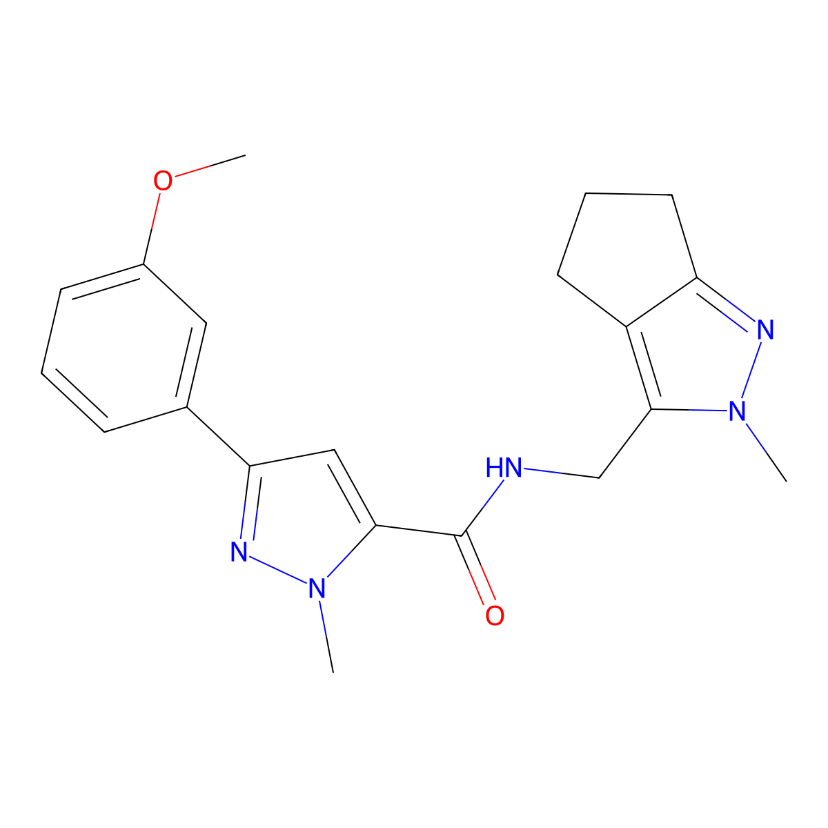 3-(3-methoxyphenyl)-1-methyl-N-((2-methyl-2,4,5,6-tetrahydrocyclopenta[c]pyrazol-3-yl)methyl)-1H-pyrazole-5-carboxamide molecular structure, CAS 2034552-15-1