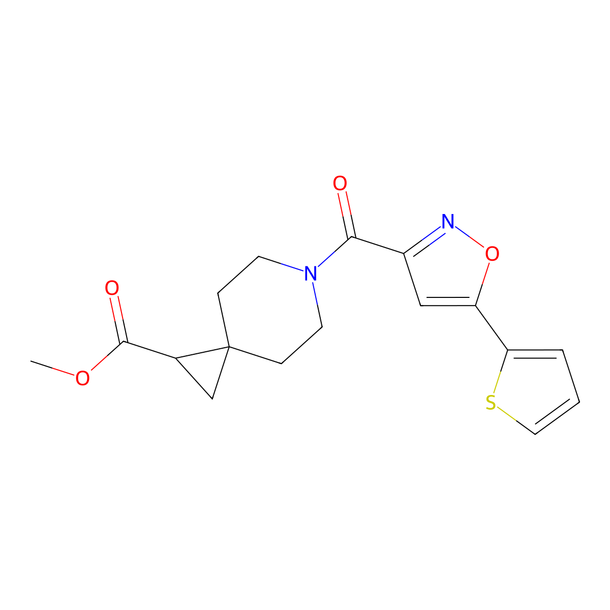 Methyl 6-(5-(thiophen-2-yl)isoxazole-3-carbonyl)-6-azaspiro[2.5]octane-1-carboxylate molecular structure, CAS 2034552-16-2
