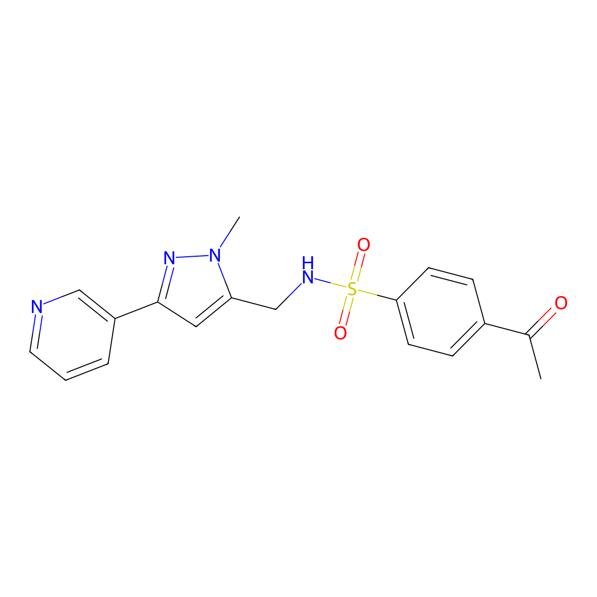 4-acetyl-N-((1-methyl-3-(pyridin-3-yl)-1H-pyrazol-5-yl)methyl)benzenesulfonamide molecular structure, CAS 2034552-19-5
