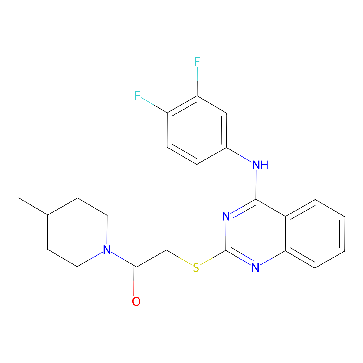 2-((4-((3,4-Difluorophenyl)amino)quinazolin-2-yl)thio)-1-(4-methylpiperidin-1-yl)ethanone molecular structure, CAS 2034552-22-0