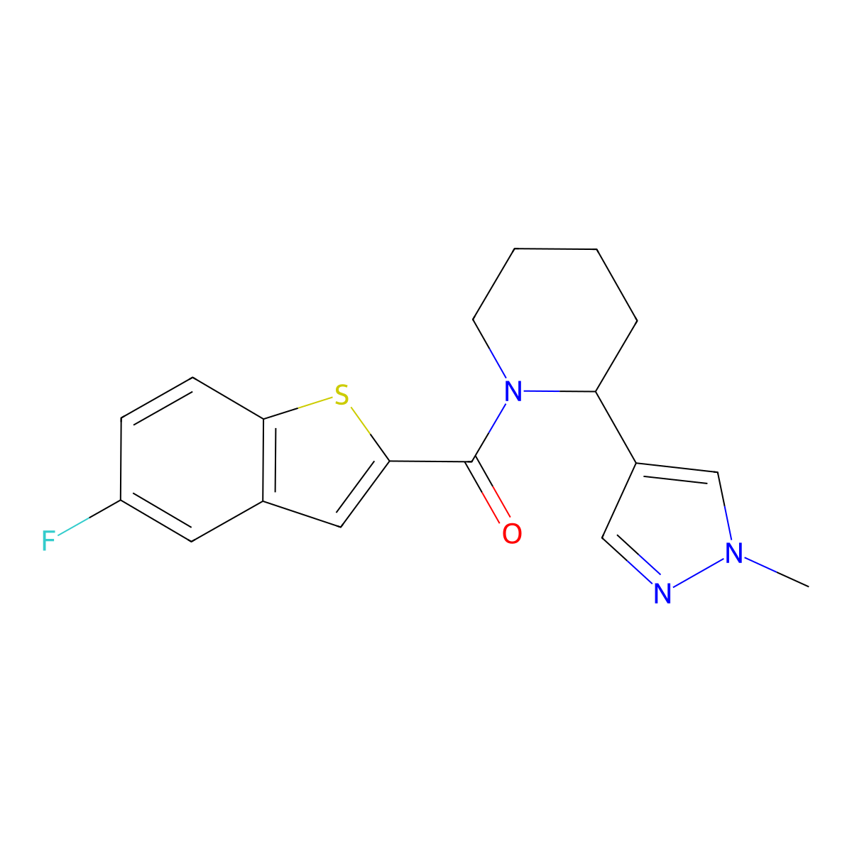 (5-fluorobenzo[b]thiophen-2-yl)(2-(1-methyl-1H-pyrazol-4-yl)piperidin-1-yl)methanone molecular structure, CAS 2034552-28-6