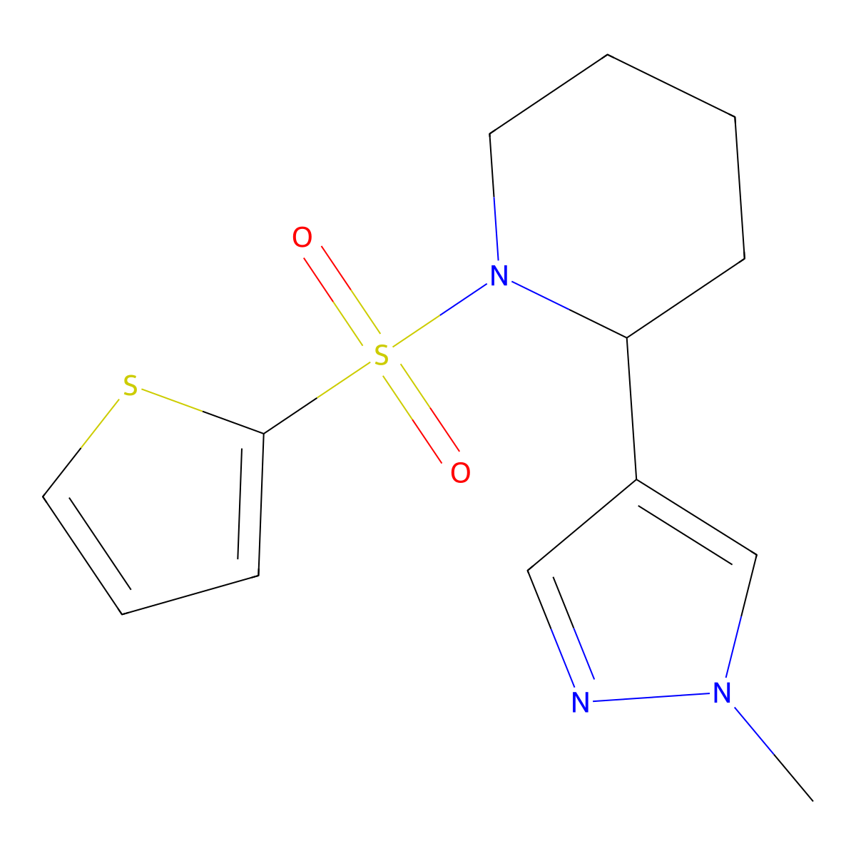 2-(1-methyl-1H-pyrazol-4-yl)-1-(thiophen-2-ylsulfonyl)piperidine molecular structure, CAS 2034552-36-6