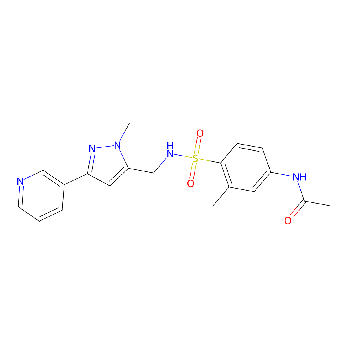 N-(3-methyl-4-(N-((1-methyl-3-(pyridin-3-yl)-1H-pyrazol-5-yl)methyl)sulfamoyl)phenyl)acetamide molecular structure, CAS 2034552-37-7