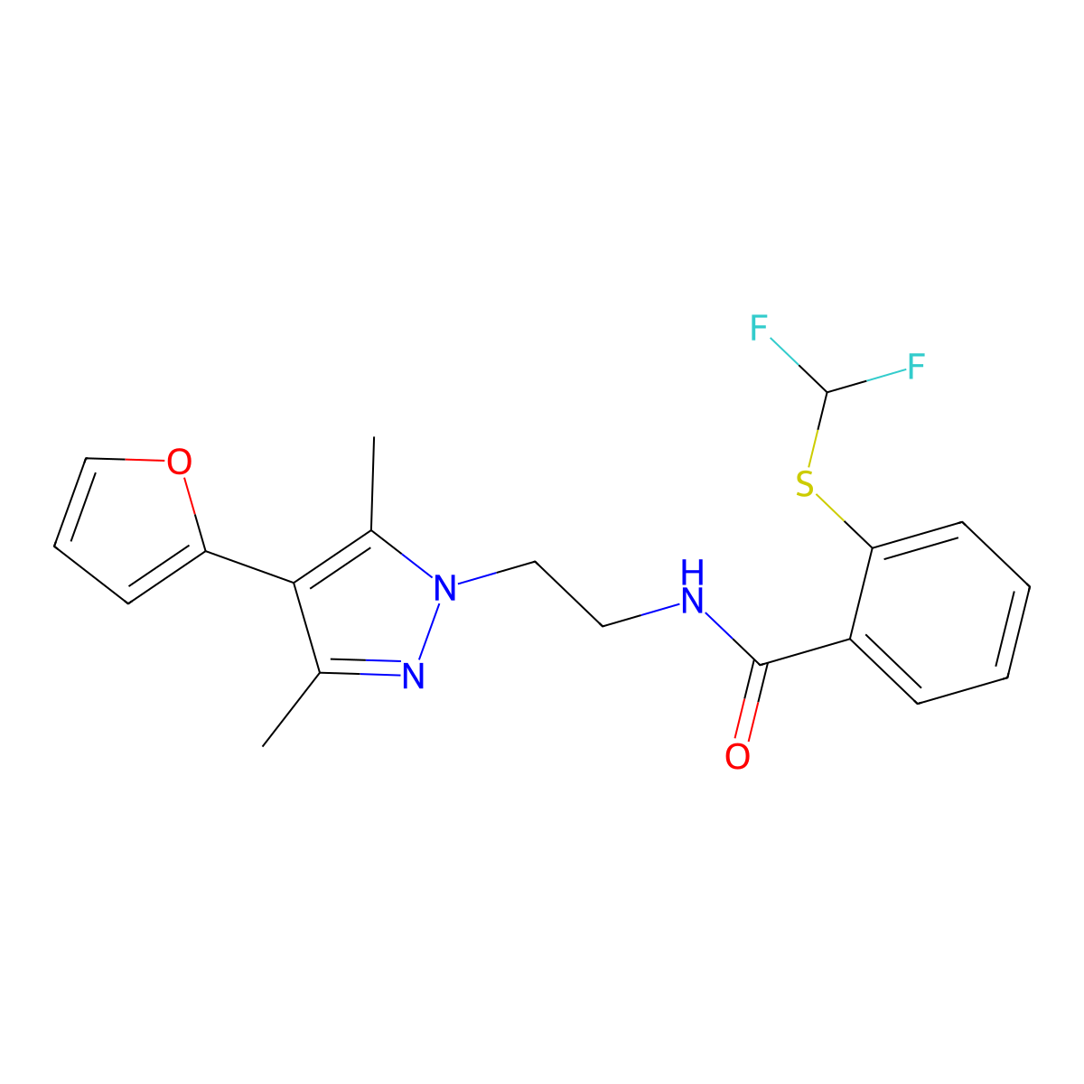 2-((difluoromethyl)thio)-N-(2-(4-(furan-2-yl)-3,5-dimethyl-1H-pyrazol-1-yl)ethyl)benzamide molecular structure, CAS 2034552-40-2