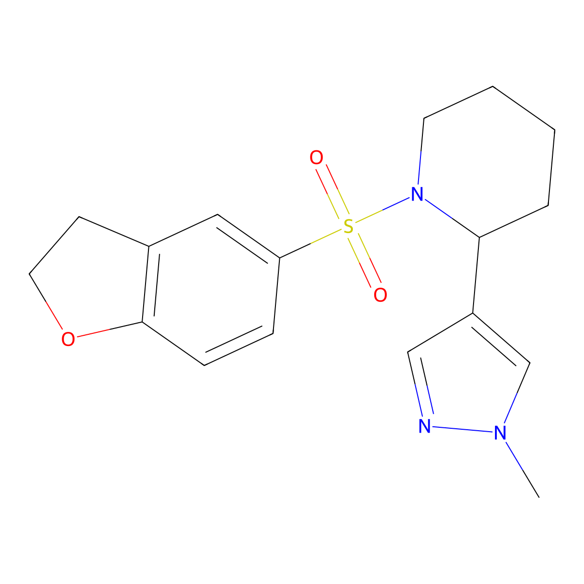 1-((2,3-dihydrobenzofuran-5-yl)sulfonyl)-2-(1-methyl-1H-pyrazol-4-yl)piperidine molecular structure, CAS 2034552-44-6