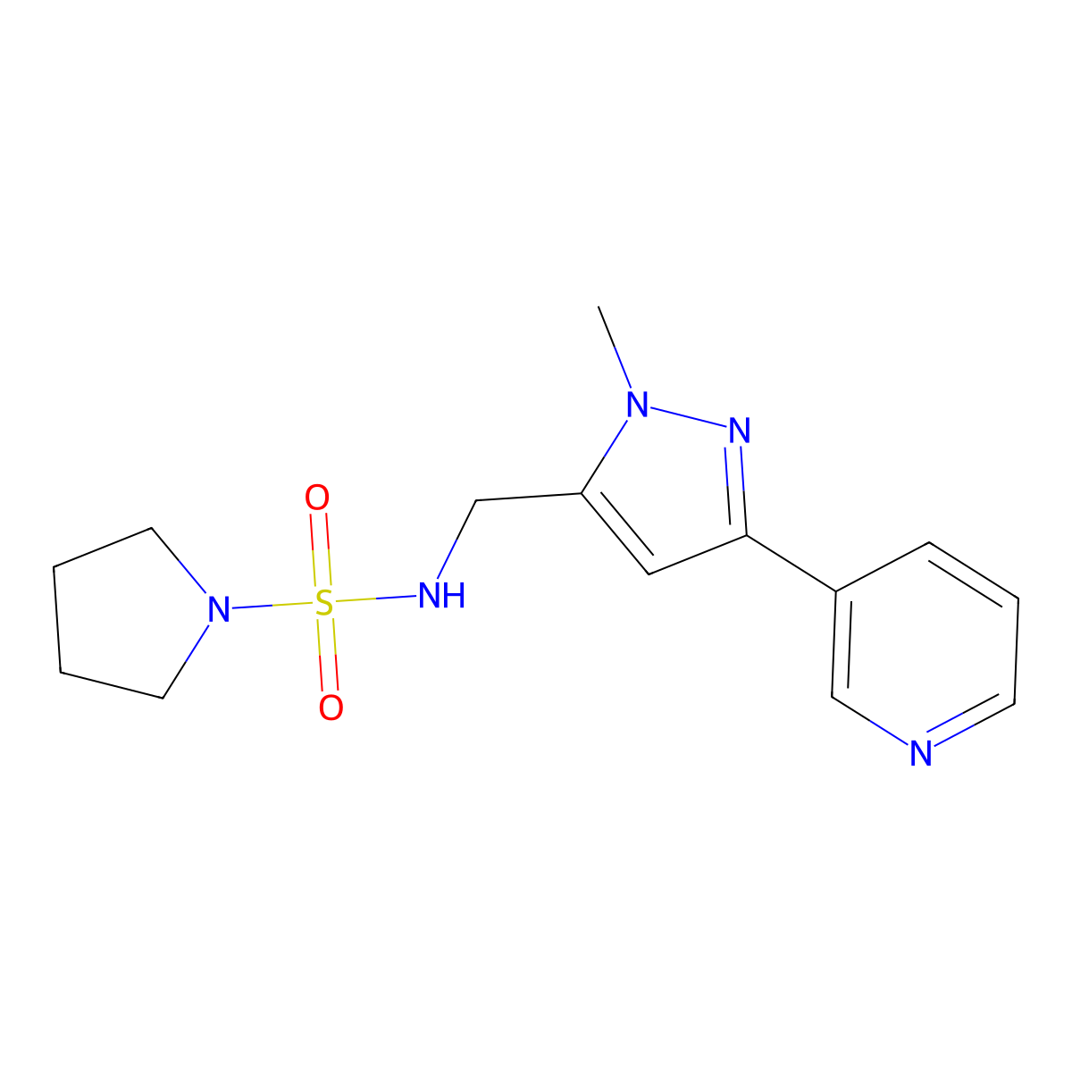 N-{[1-methyl-3-(pyridin-3-yl)-1H-pyrazol-5-yl]methyl}pyrrolidine-1-sulfonamide molecular structure, CAS 2034552-45-7