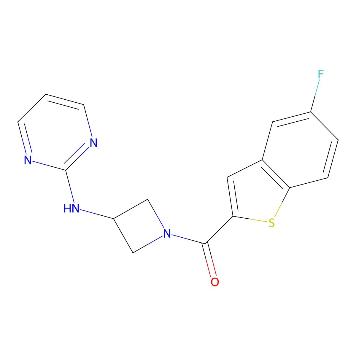 (5-Fluorobenzo[b]thiophen-2-yl)(3-(pyrimidin-2-ylamino)azetidin-1-yl)methanone molecular structure, CAS 2034552-48-0