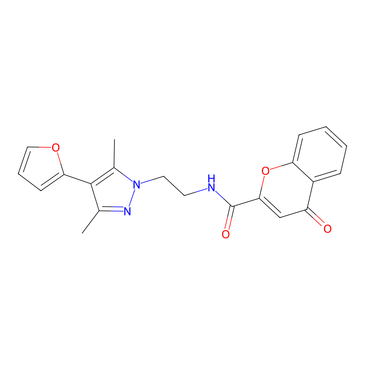 N-{2-[4-(furan-2-yl)-3,5-dimethyl-1H-pyrazol-1-yl]ethyl}-4-oxo-4H-chromene-2-carboxamide molecular structure, CAS 2034552-51-5
