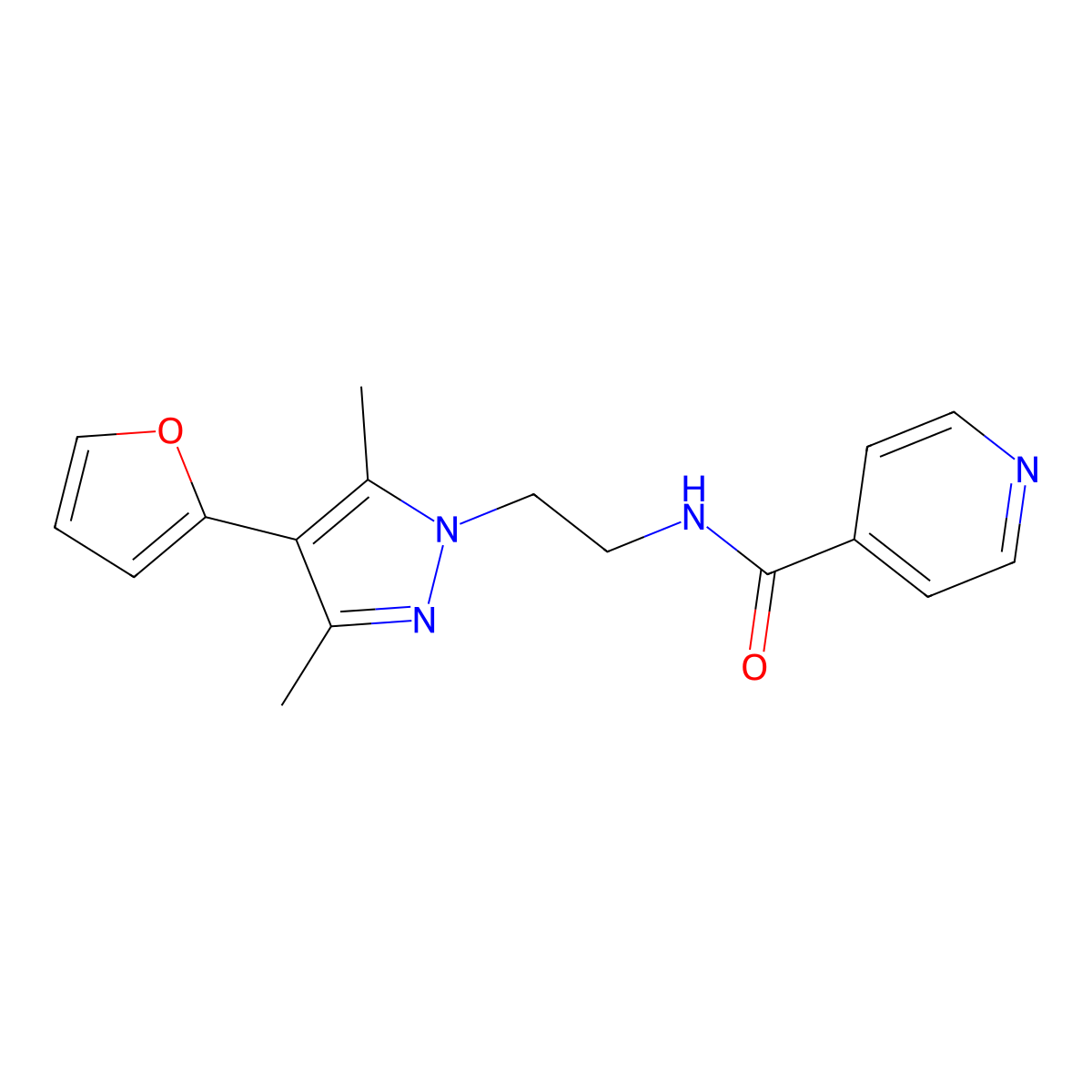 N-(2-(4-(furan-2-yl)-3,5-dimethyl-1H-pyrazol-1-yl)ethyl)isonicotinamide molecular structure, CAS 2034552-56-0