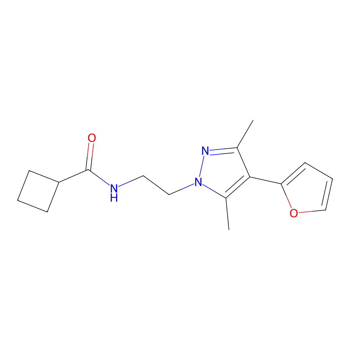 N-{2-[4-(furan-2-yl)-3,5-dimethyl-1H-pyrazol-1-yl]ethyl}cyclobutanecarboxamide molecular structure, CAS 2034552-60-6
