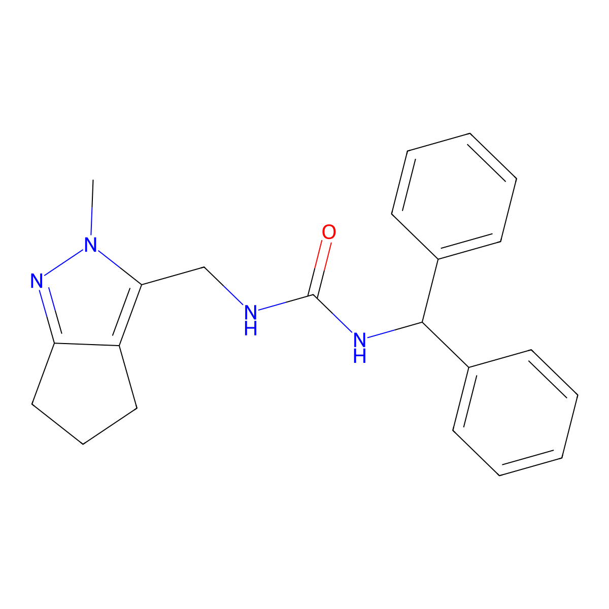 1-Benzhydryl-3-((2-methyl-2,4,5,6-tetrahydrocyclopenta[c]pyrazol-3-yl)methyl)urea molecular structure, CAS 2034552-93-5