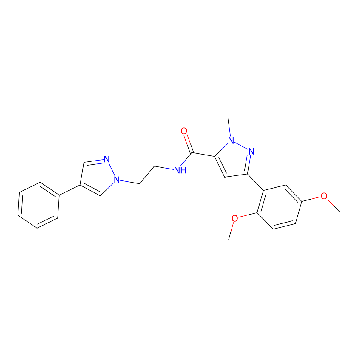 3-(2,5-dimethoxyphenyl)-1-methyl-N-(2-(4-phenyl-1H-pyrazol-1-yl)ethyl)-1H-pyrazole-5-carboxamide molecular structure, CAS 2034552-96-8