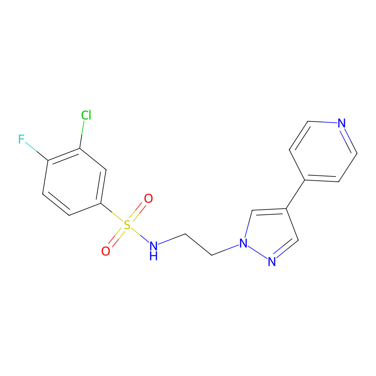 3-chloro-4-fluoro-N-{2-[4-(pyridin-4-yl)-1H-pyrazol-1-yl]ethyl}benzene-1-sulfonamide molecular structure, CAS 2034553-03-0