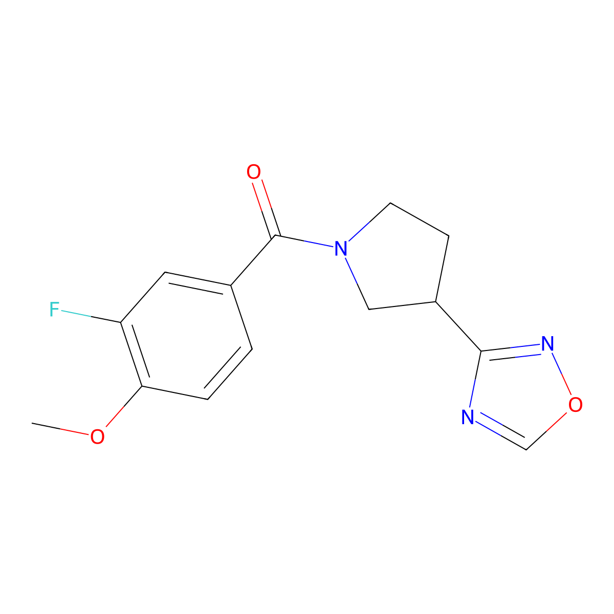 (3-(1,2,4-Oxadiazol-3-yl)pyrrolidin-1-yl)(3-fluoro-4-methoxyphenyl)methanone molecular structure, CAS 2034553-09-6