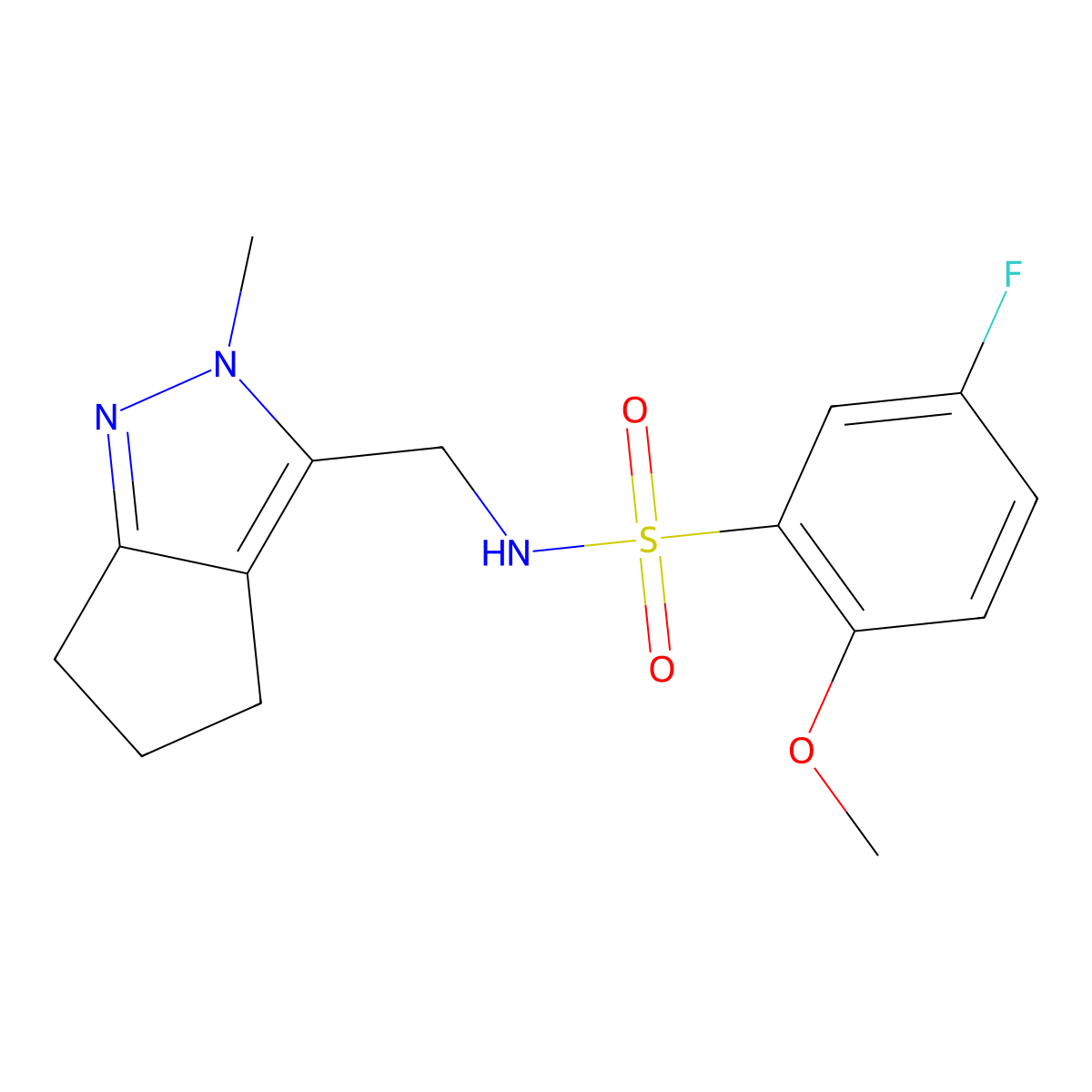 5-fluoro-2-methoxy-N-((2-methyl-2,4,5,6-tetrahydrocyclopenta[c]pyrazol-3-yl)methyl)benzenesulfonamide molecular structure, CAS 2034553-10-9