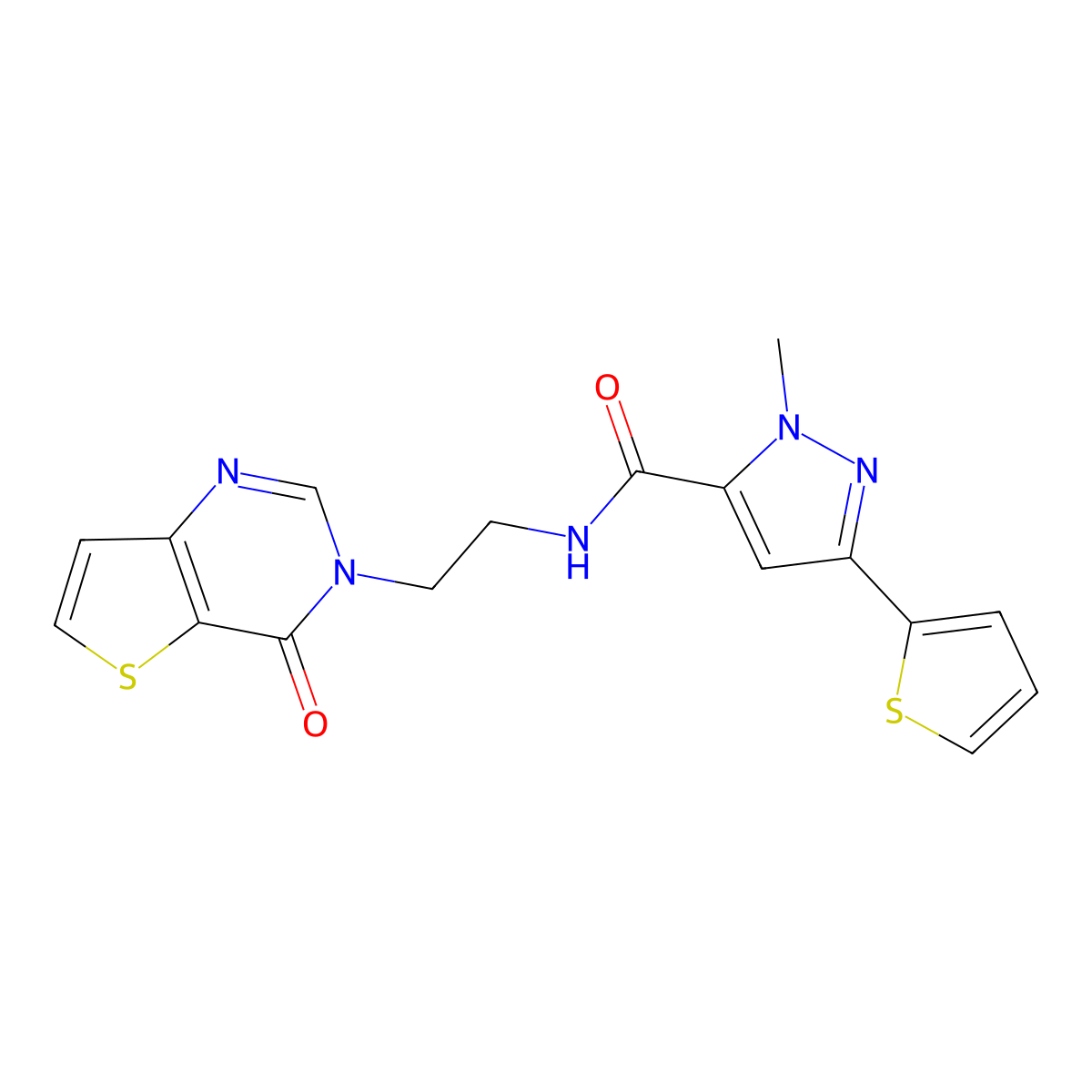 1-methyl-N-(2-(4-oxothieno[3,2-d]pyrimidin-3(4H)-yl)ethyl)-3-(thiophen-2-yl)-1H-pyrazole-5-carboxamide molecular structure, CAS 2034553-20-1