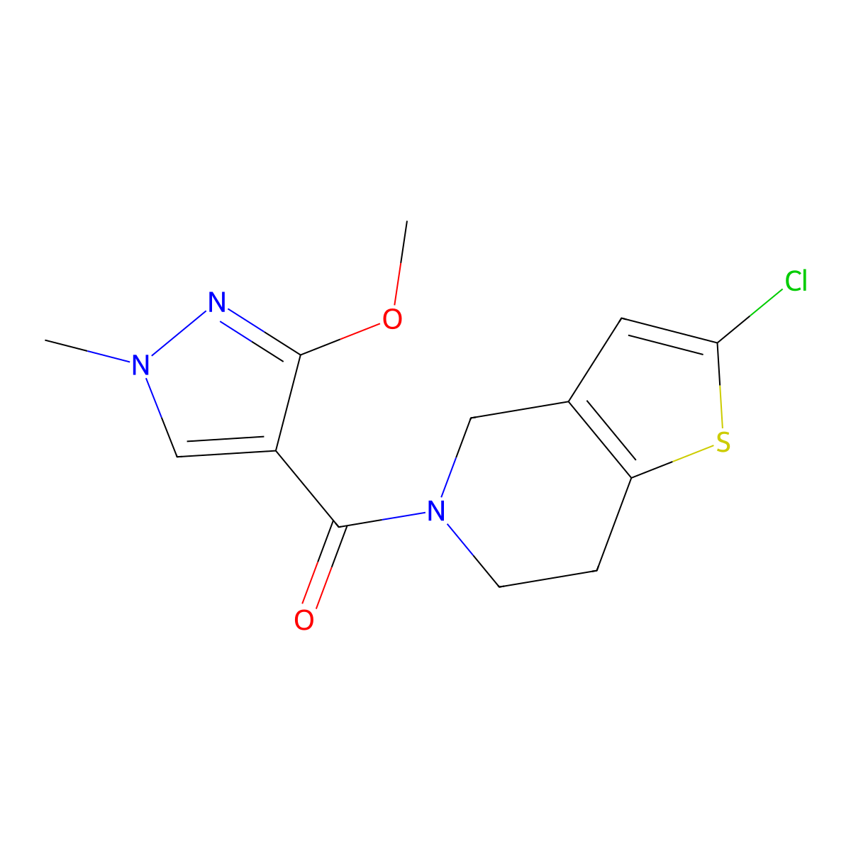 (2-chloro-6,7-dihydrothieno[3,2-c]pyridin-5(4H)-yl)(3-methoxy-1-methyl-1H-pyrazol-4-yl)methanone molecular structure, CAS 2034553-22-3