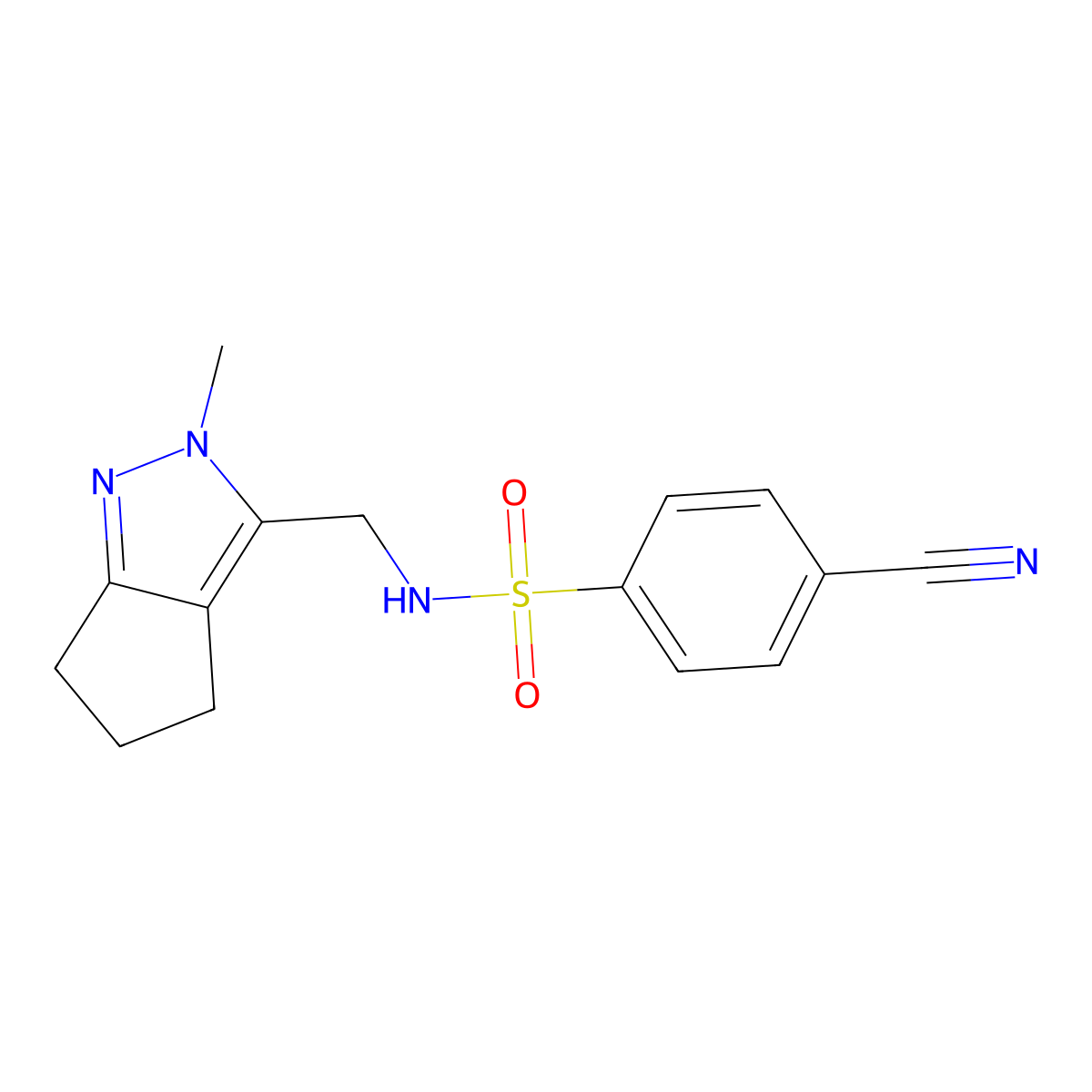 4-cyano-N-((2-methyl-2,4,5,6-tetrahydrocyclopenta[c]pyrazol-3-yl)methyl)benzenesulfonamide molecular structure, CAS 2034553-24-5