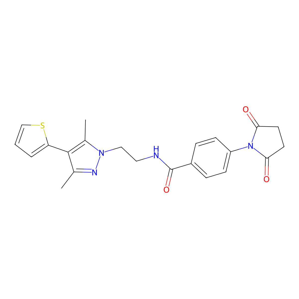 N-{2-[3,5-dimethyl-4-(thiophen-2-yl)-1H-pyrazol-1-yl]ethyl}-4-(2,5-dioxopyrrolidin-1-yl)benzamide molecular structure, CAS 2034553-27-8