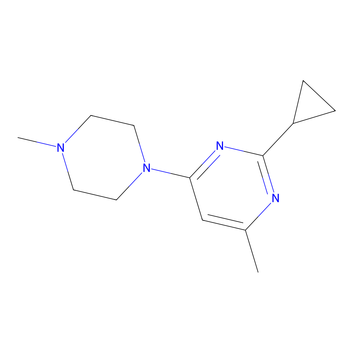 2-Cyclopropyl-4-methyl-6-(4-methylpiperazin-1-yl)pyrimidine molecular structure, CAS 2034553-34-7
