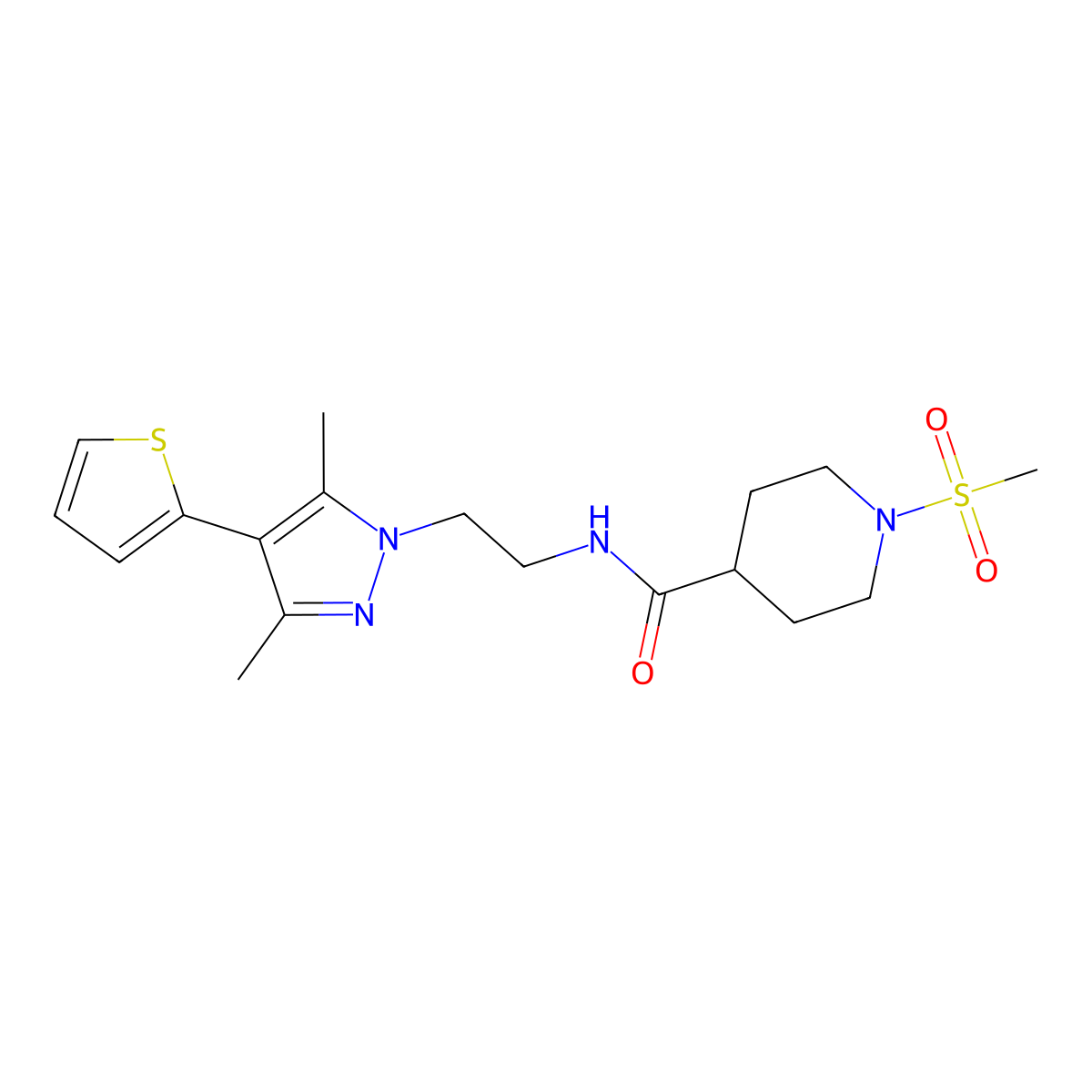 N-(2-(3,5-dimethyl-4-(thiophen-2-yl)-1H-pyrazol-1-yl)ethyl)-1-(methylsulfonyl)piperidine-4-carboxamide molecular structure, CAS 2034553-61-0