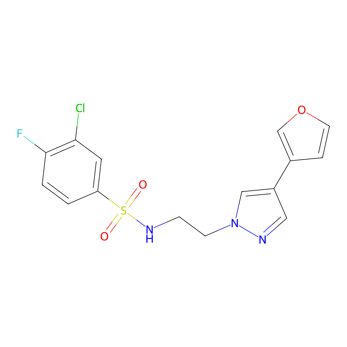3-chloro-4-fluoro-N-{2-[4-(furan-3-yl)-1H-pyrazol-1-yl]ethyl}benzene-1-sulfonamide molecular structure, CAS 2034553-68-7