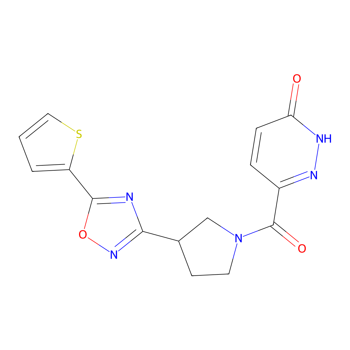 6-(3-(5-(thiophen-2-yl)-1,2,4-oxadiazol-3-yl)pyrrolidine-1-carbonyl)pyridazin-3(2H)-one molecular structure, CAS 2034553-85-8