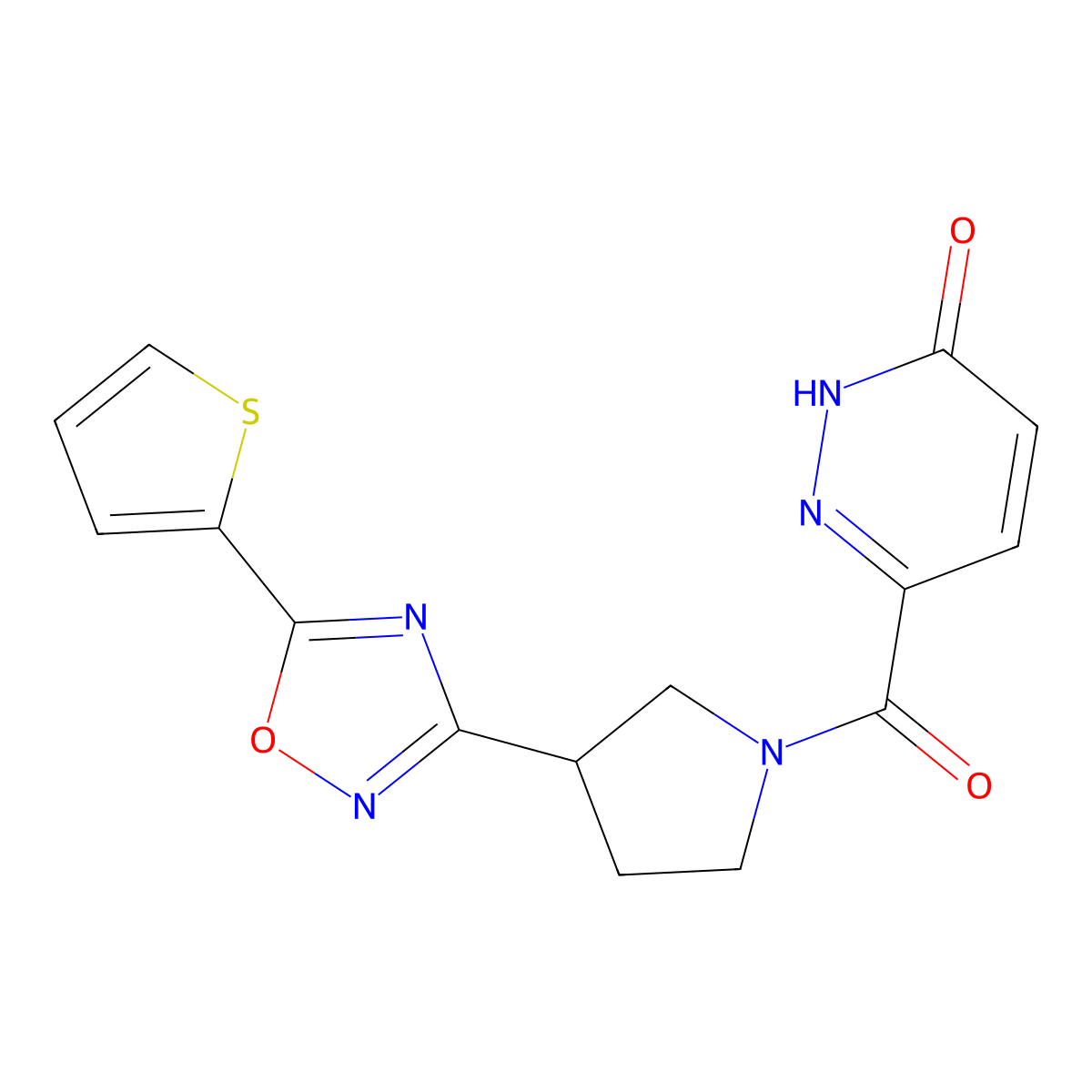 6-(3-(5-(thiophen-2-yl)-1,2,4-oxadiazol-3-yl)pyrrolidine-1-carbonyl)pyridazin-3(2H)-one molecular structure, CAS 2034553-85-8