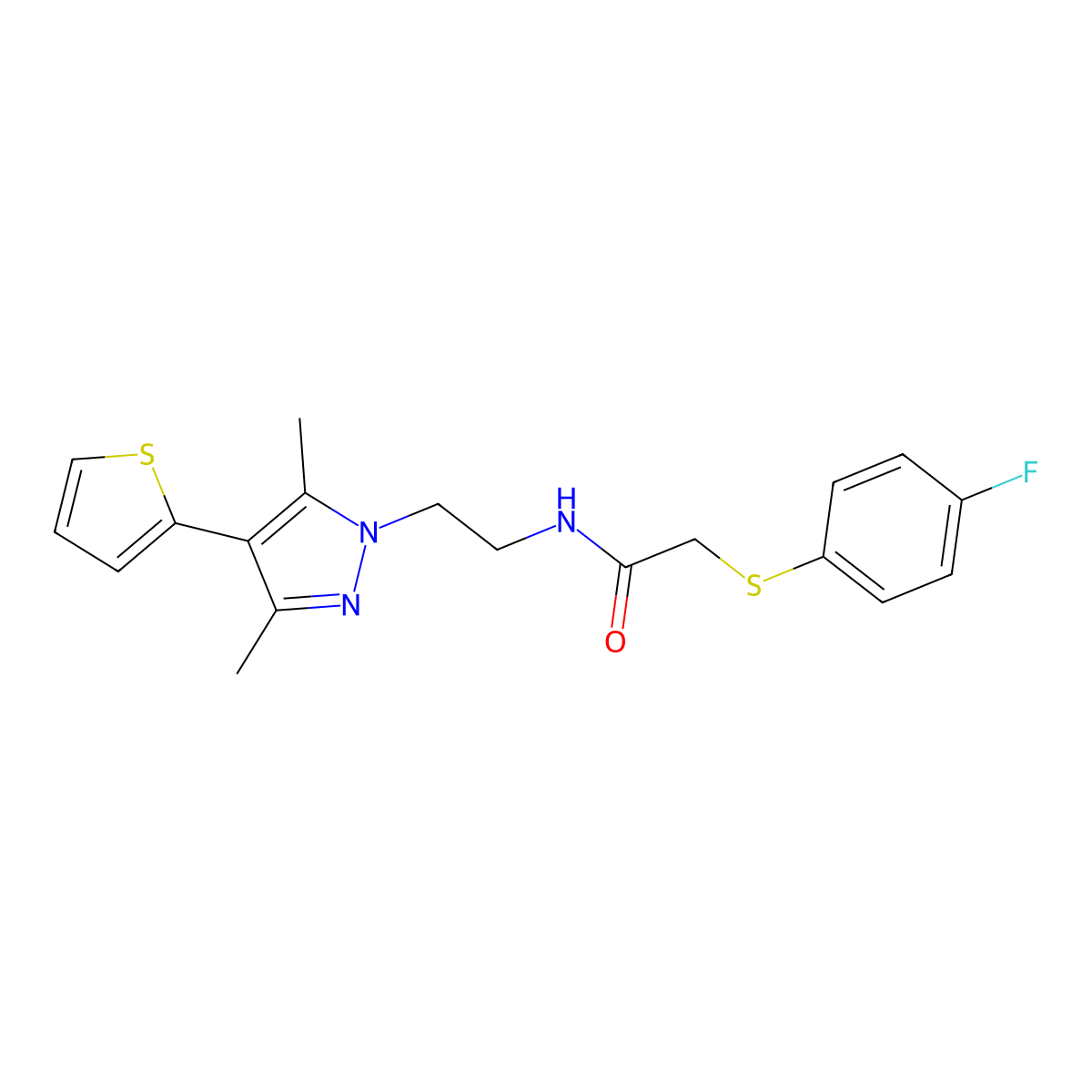 N-(2-(3,5-dimethyl-4-(thiophen-2-yl)-1H-pyrazol-1-yl)ethyl)-2-((4-fluorophenyl)thio)acetamide molecular structure, CAS 2034553-87-0