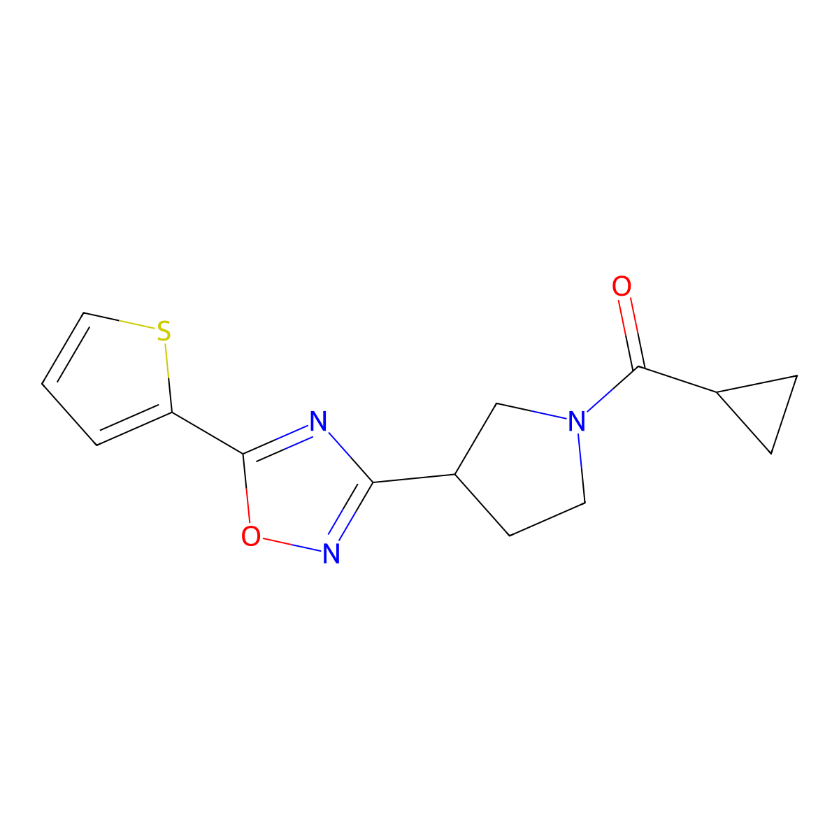 Cyclopropyl(3-(5-(thiophen-2-yl)-1,2,4-oxadiazol-3-yl)pyrrolidin-1-yl)methanone molecular structure, CAS 2034553-94-9