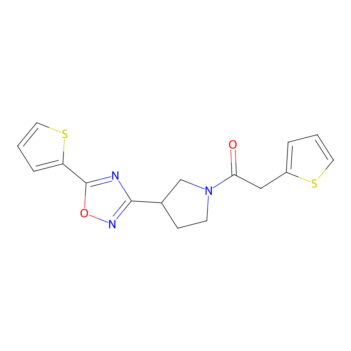 2-(Thiophen-2-yl)-1-(3-(5-(thiophen-2-yl)-1,2,4-oxadiazol-3-yl)pyrrolidin-1-yl)ethanone molecular structure, CAS 2034554-02-2
