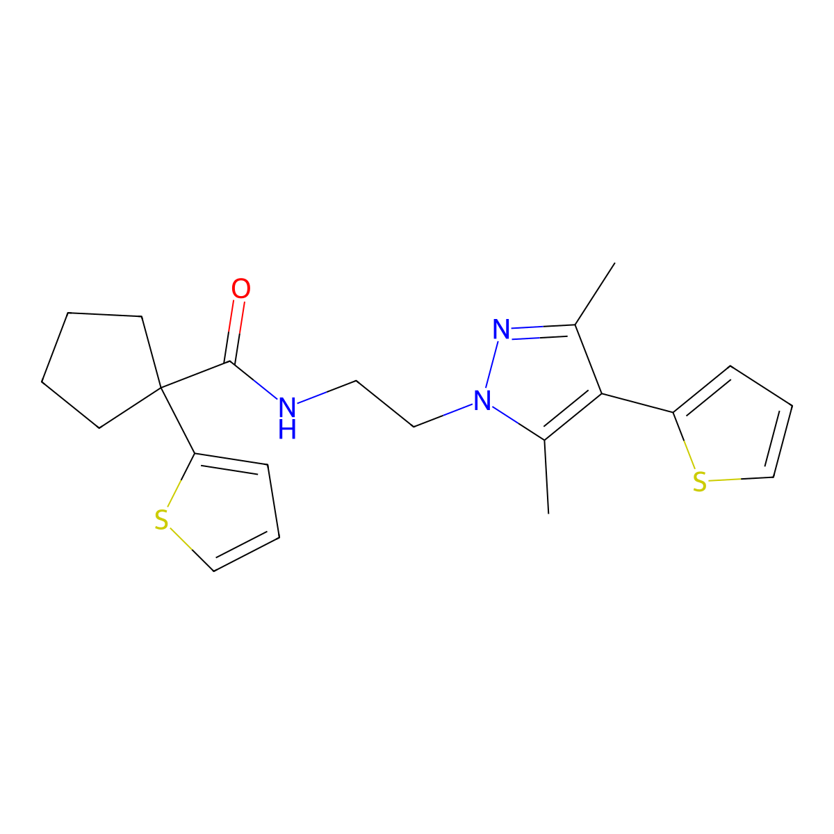 N-(2-(3,5-dimethyl-4-(thiophen-2-yl)-1H-pyrazol-1-yl)ethyl)-1-(thiophen-2-yl)cyclopentanecarboxamide molecular structure, CAS 2034554-10-2