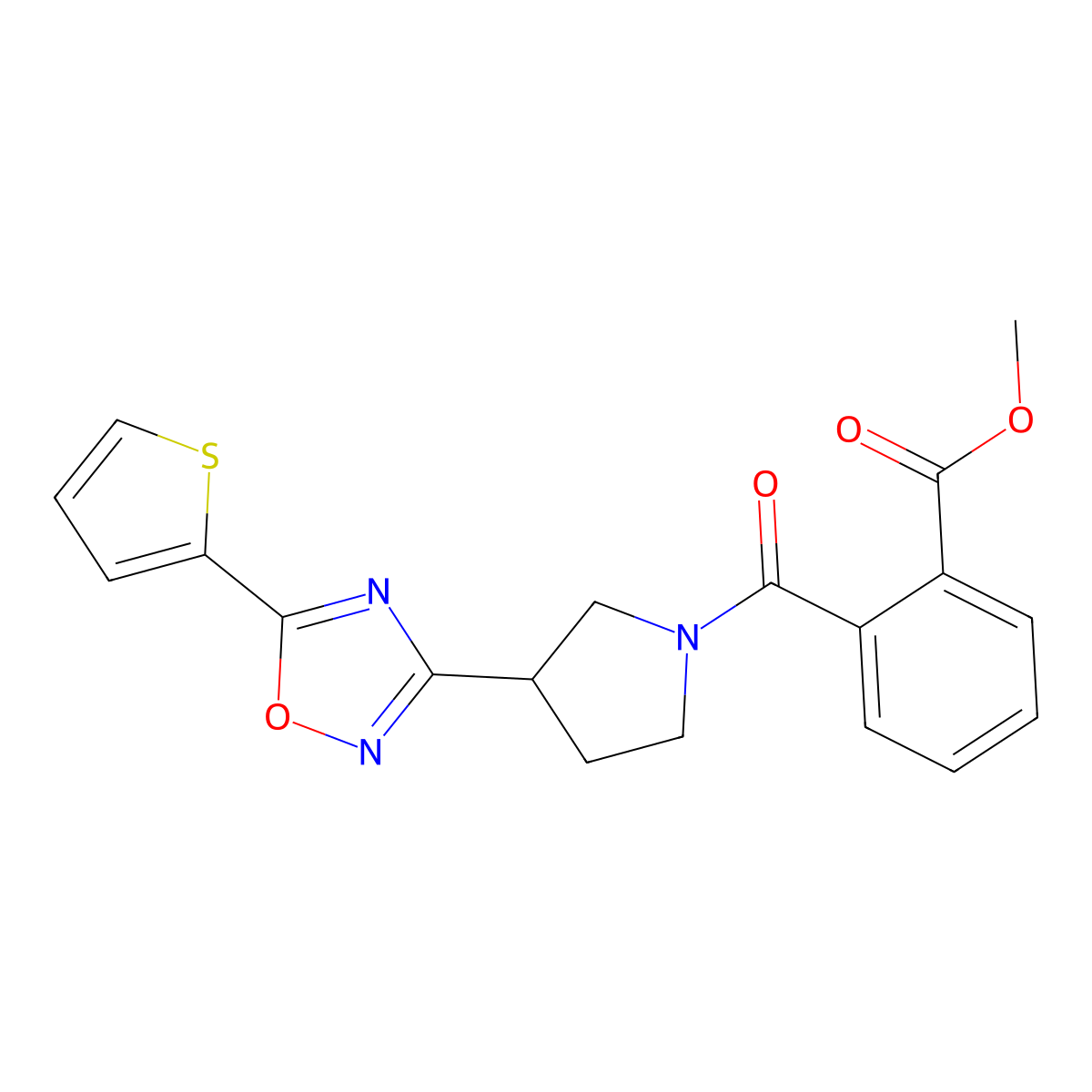 Methyl 2-(3-(5-(thiophen-2-yl)-1,2,4-oxadiazol-3-yl)pyrrolidine-1-carbonyl)benzoate molecular structure, CAS 2034554-14-6