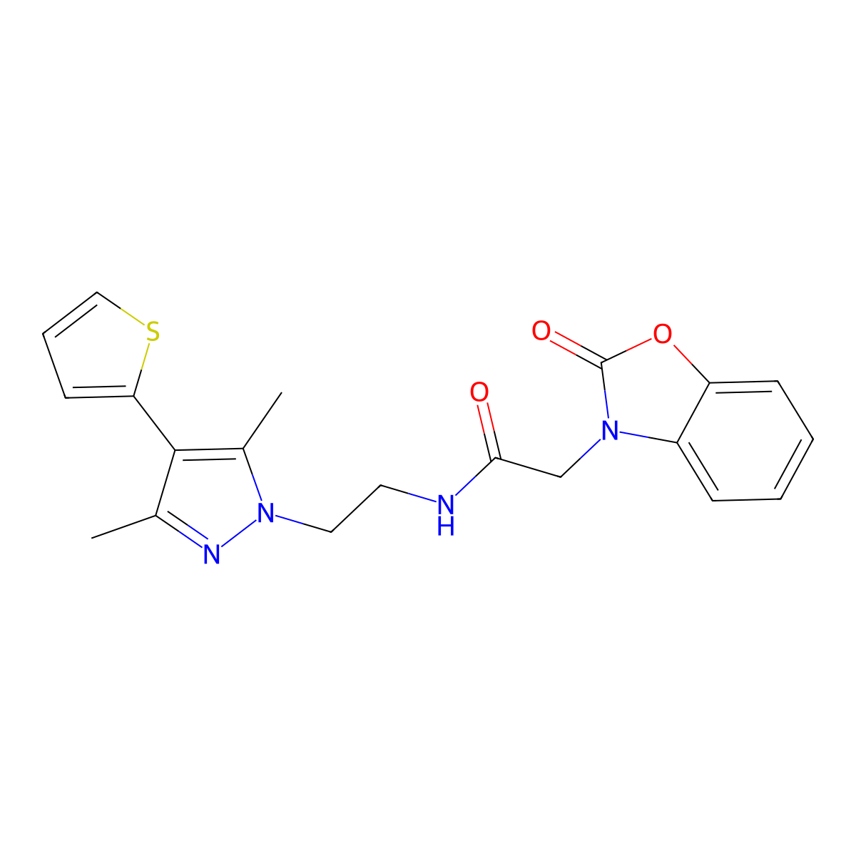 N-(2-(3,5-dimethyl-4-(thiophen-2-yl)-1H-pyrazol-1-yl)ethyl)-2-(2-oxobenzo[d]oxazol-3(2H)-yl)acetamide molecular structure, CAS 2034554-18-0