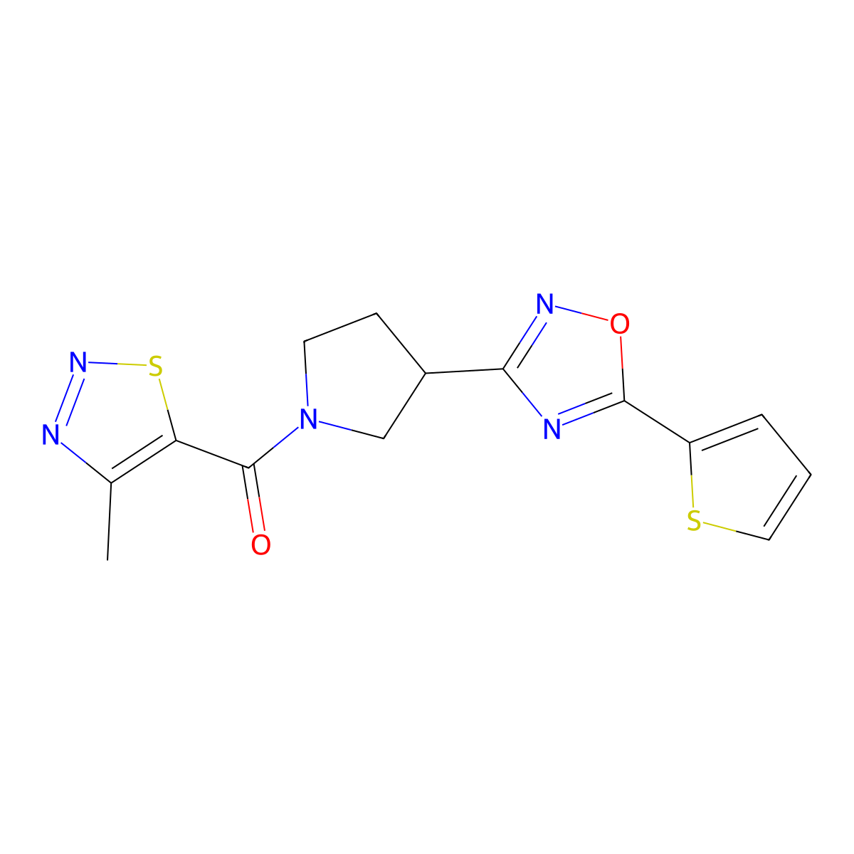 (4-Methyl-1,2,3-thiadiazol-5-yl)(3-(5-(thiophen-2-yl)-1,2,4-oxadiazol-3-yl)pyrrolidin-1-yl)methanone molecular structure, CAS 2034554-25-9
