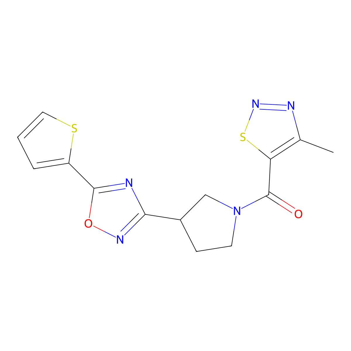 (4-Methyl-1,2,3-thiadiazol-5-yl)(3-(5-(thiophen-2-yl)-1,2,4-oxadiazol-3-yl)pyrrolidin-1-yl)methanone molecular structure, CAS 2034554-25-9